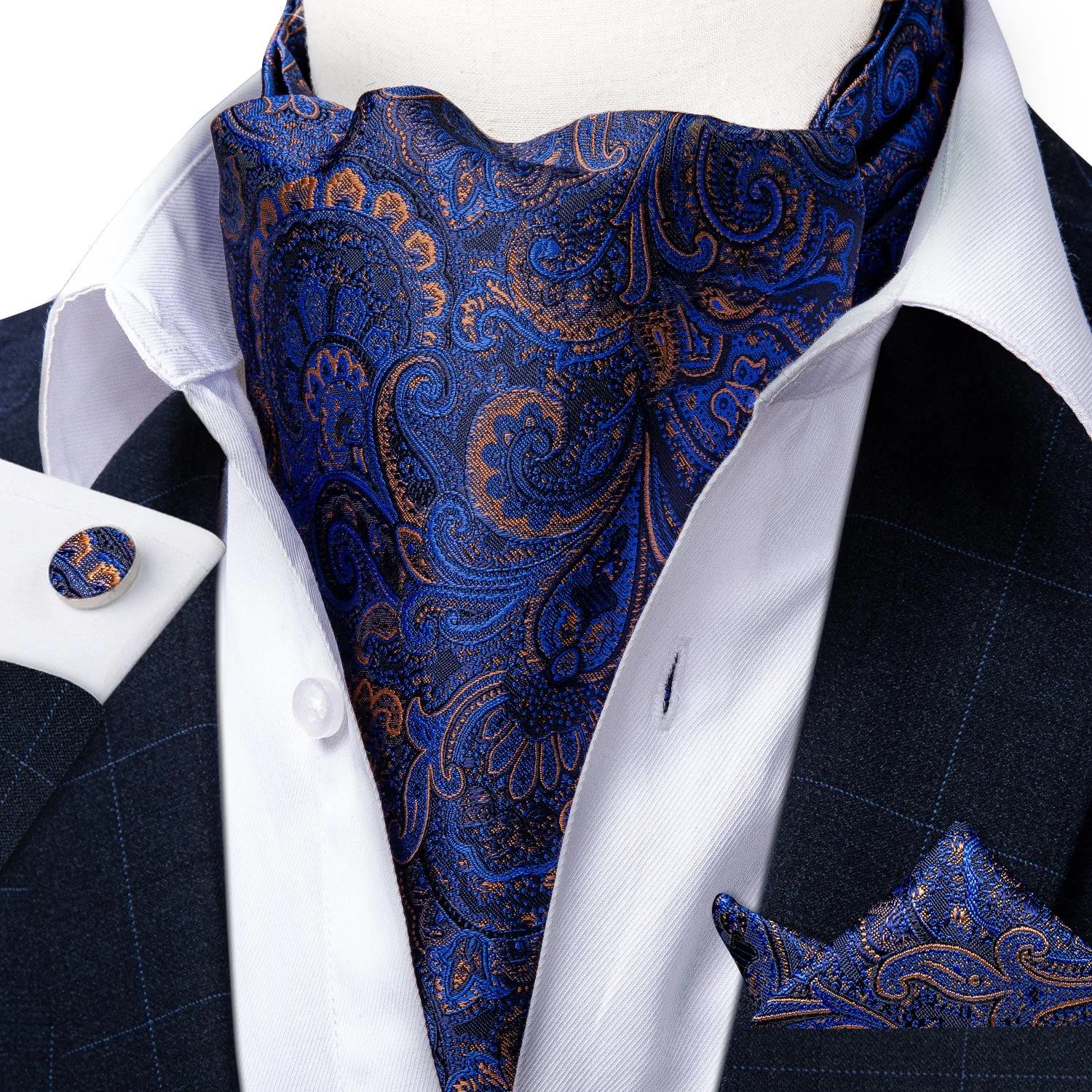 Deep Blue Paisley Ascot Cravat Pocket Square Cufflinks Set sold by Ties2You