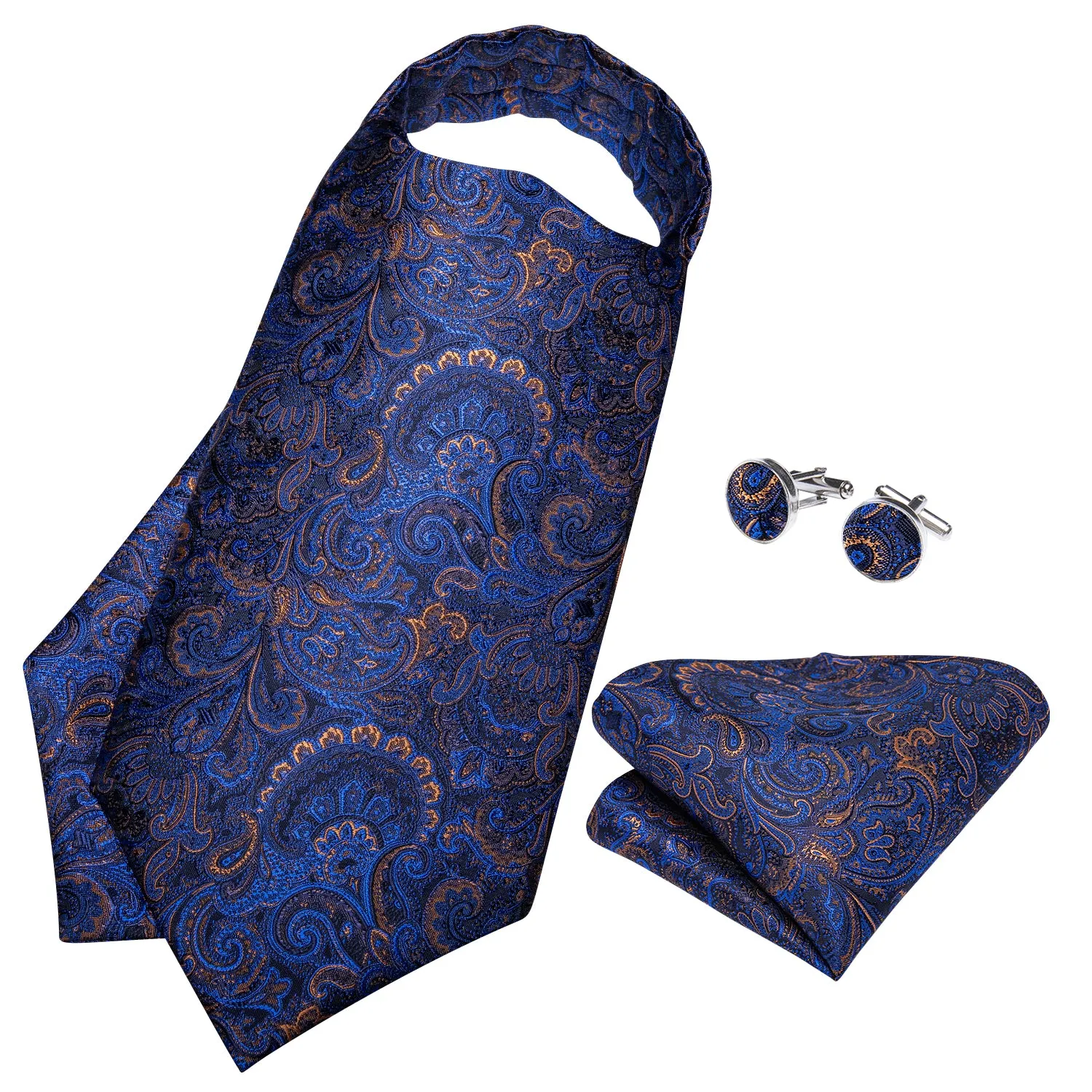 Deep Blue Paisley Ascot Cravat Pocket Square Cufflinks Set sold by Ties2You product image thumbnail 3