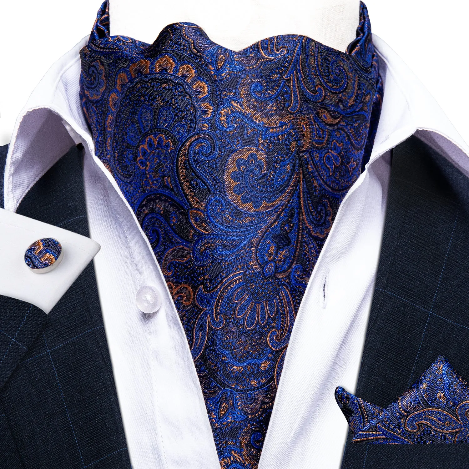 Deep Blue Paisley Ascot Cravat Pocket Square Cufflinks Set sold by Ties2You product image thumbnail 2