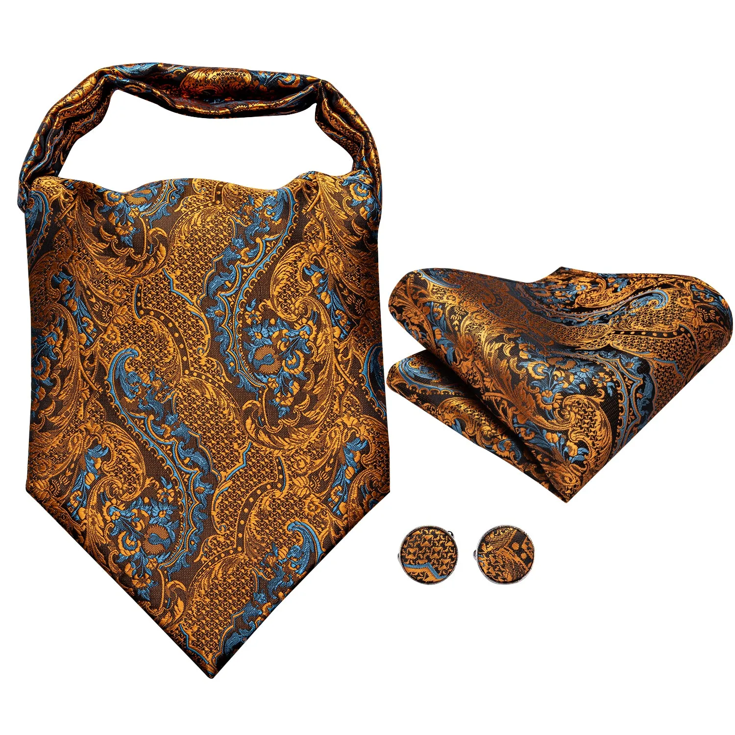 Golden Blue Paisley Silk Ascot Cravat Pocket Square Cufflinks Set sold by Ties2You product image thumbnail 3