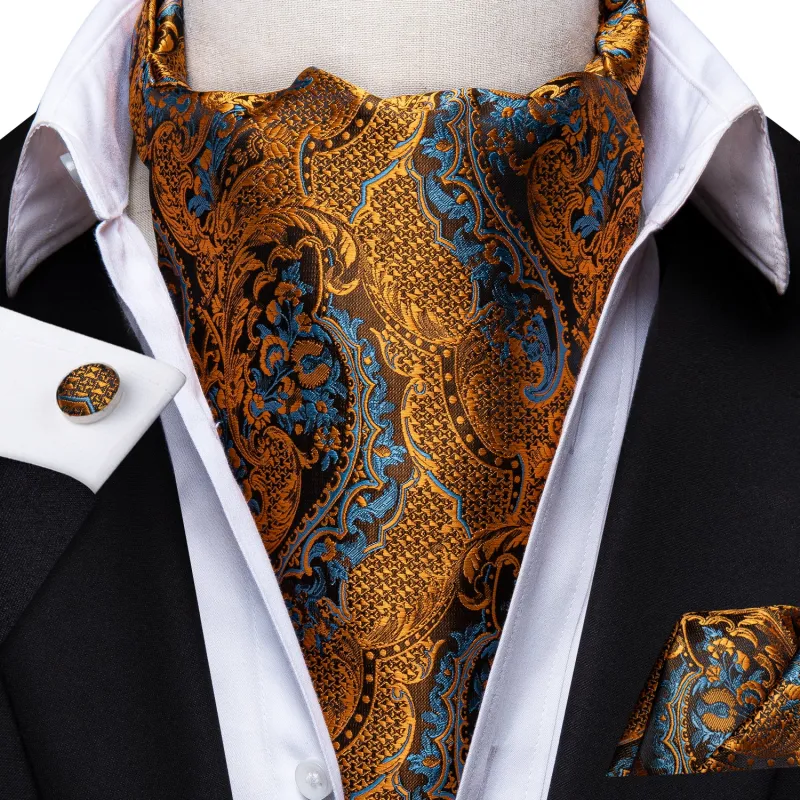 Golden Blue Paisley Silk Ascot Cravat Pocket Square Cufflinks Set sold by Ties2You