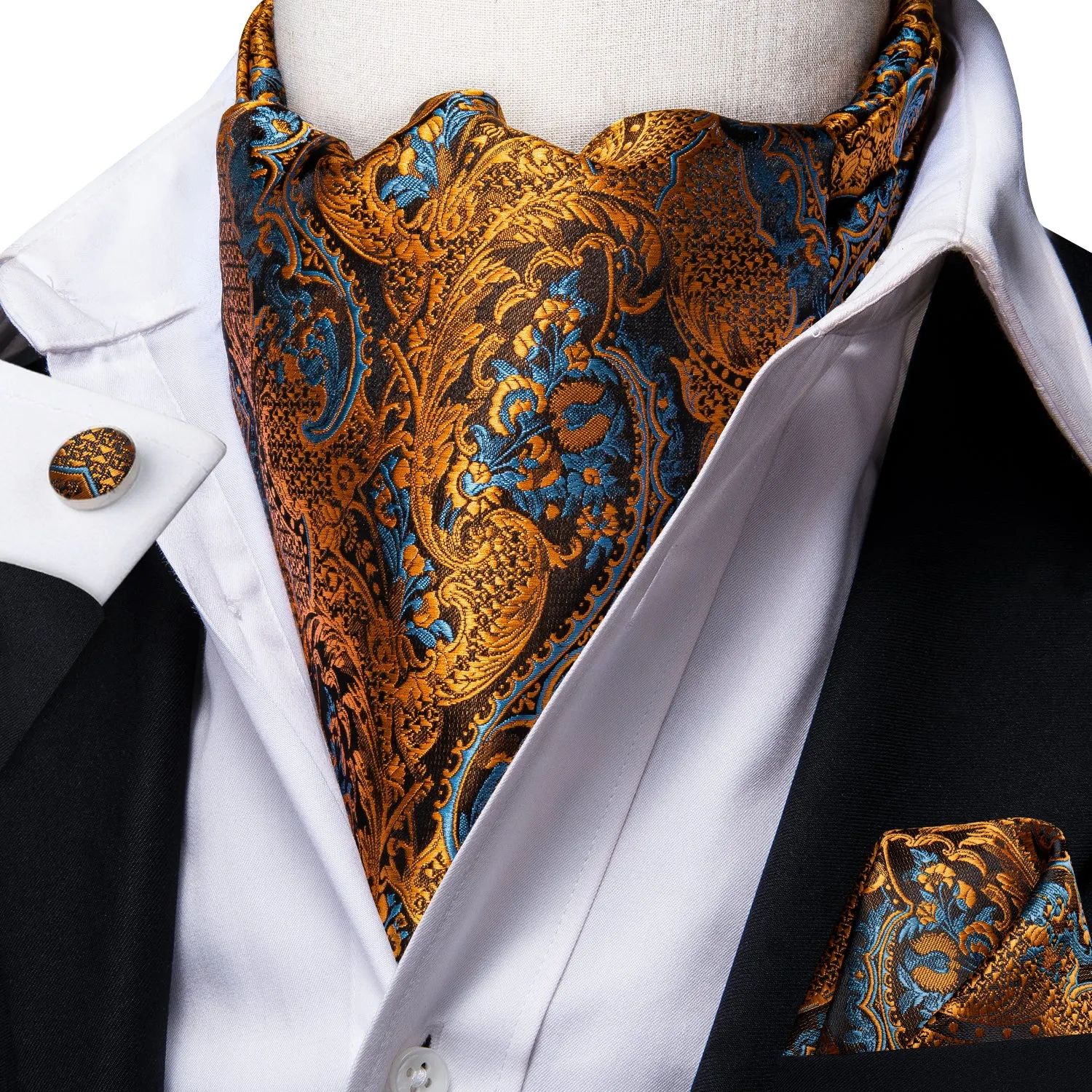 Golden Blue Paisley Silk Ascot Cravat Pocket Square Cufflinks Set sold by Ties2You product image thumbnail 2
