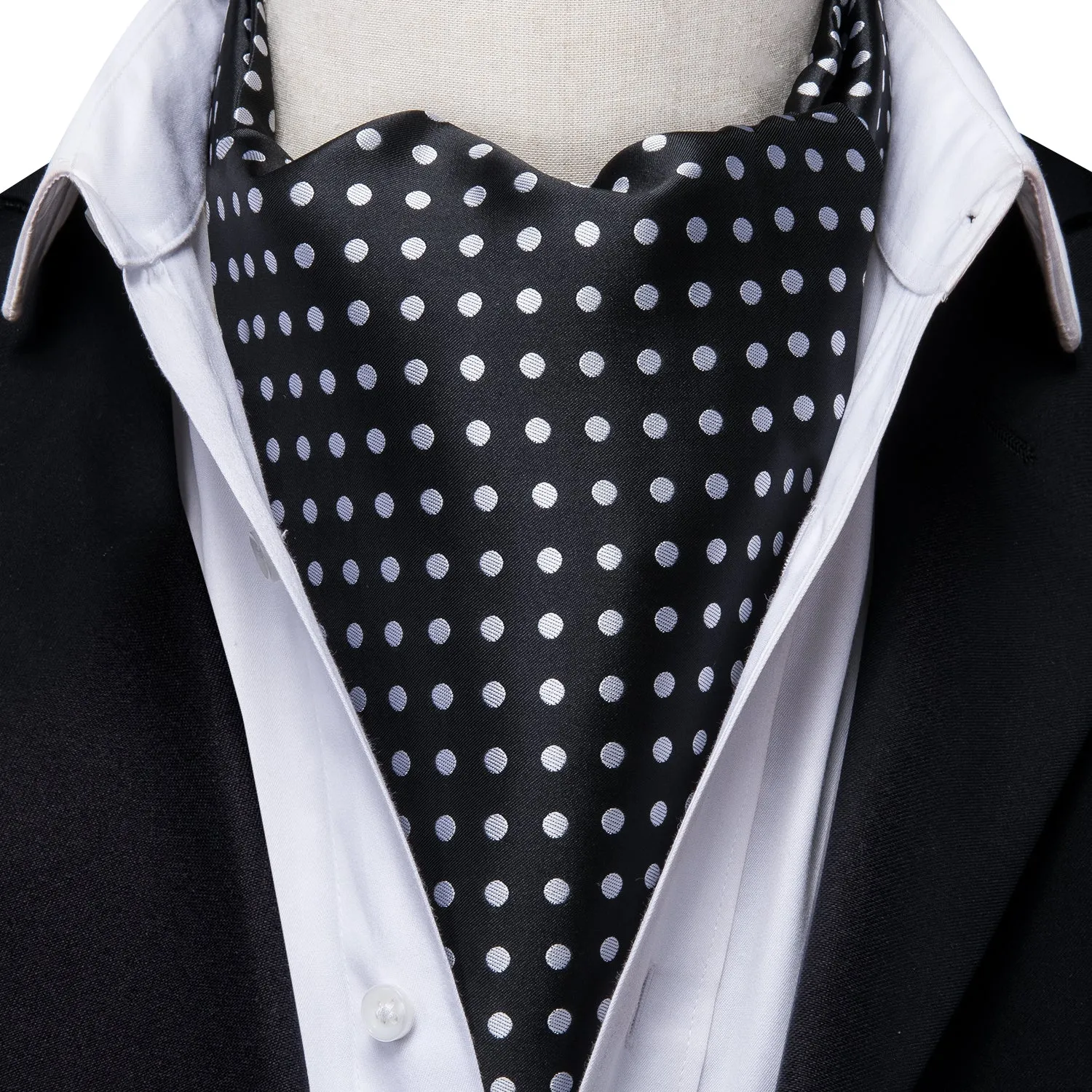 Ties2you Black Ascot Necktie Men Polka Dot Cravat Tie Pocket Square Cufflinks Set sold by Ties2You product image thumbnail 2