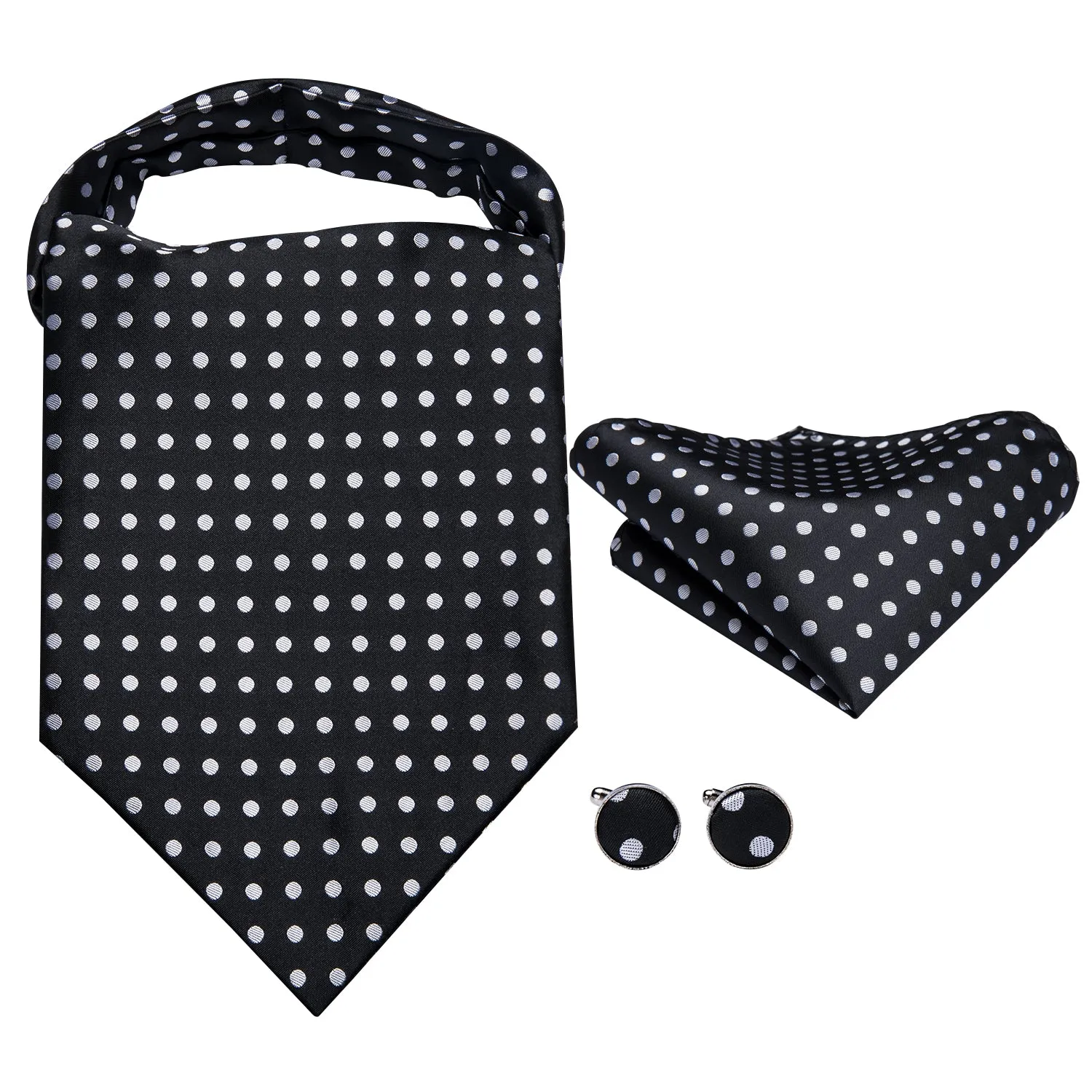 Ties2you Black Ascot Necktie Men Polka Dot Cravat Tie Pocket Square Cufflinks Set sold by Ties2You product image thumbnail 3