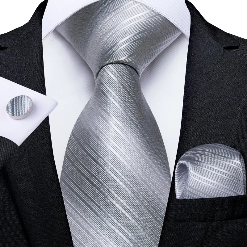 Silver Grey Striped Men's Necktie Pocket Square Cufflinks Set sold by Ties2You