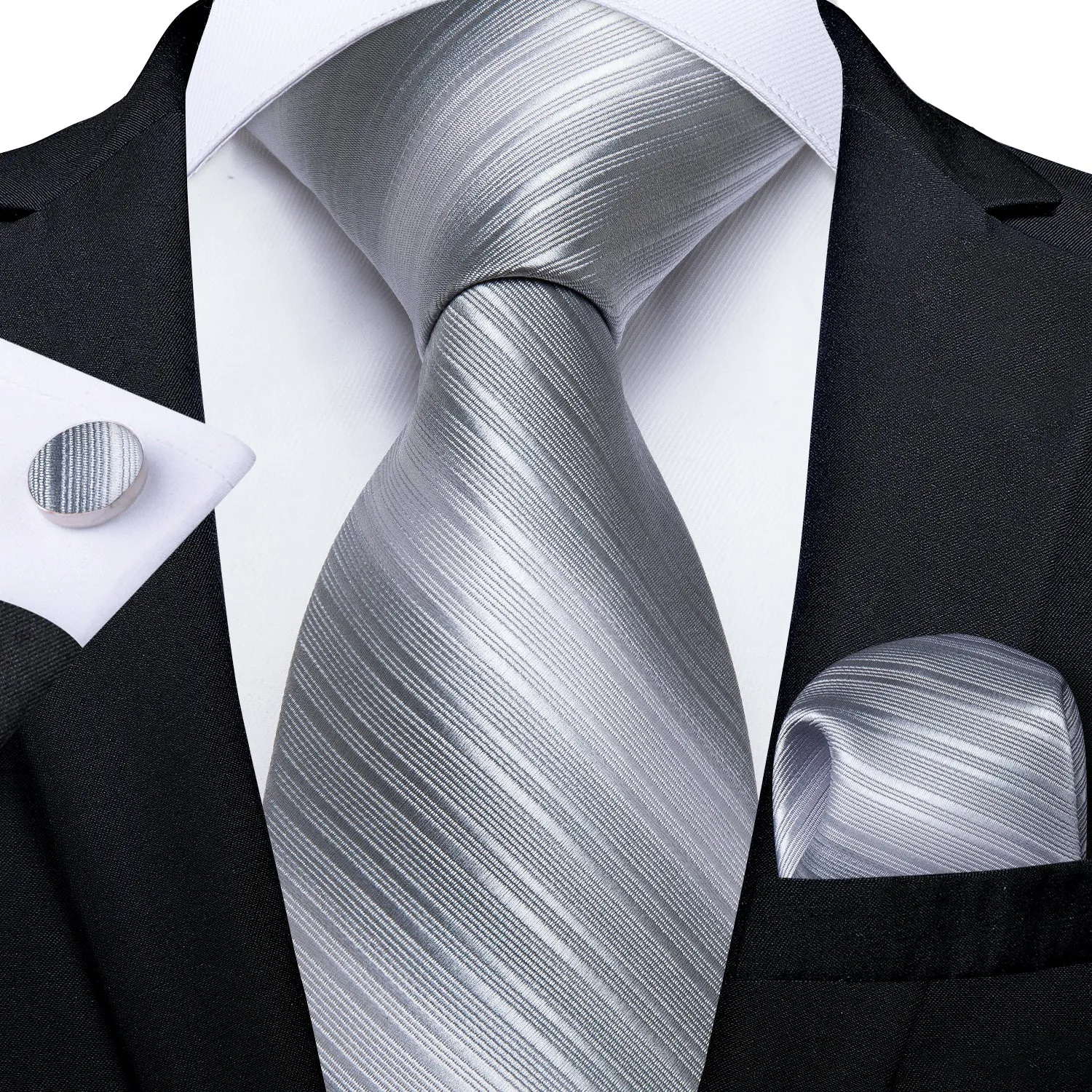 Silver Grey Striped Men's Necktie Pocket Square Cufflinks Set sold by Ties2You