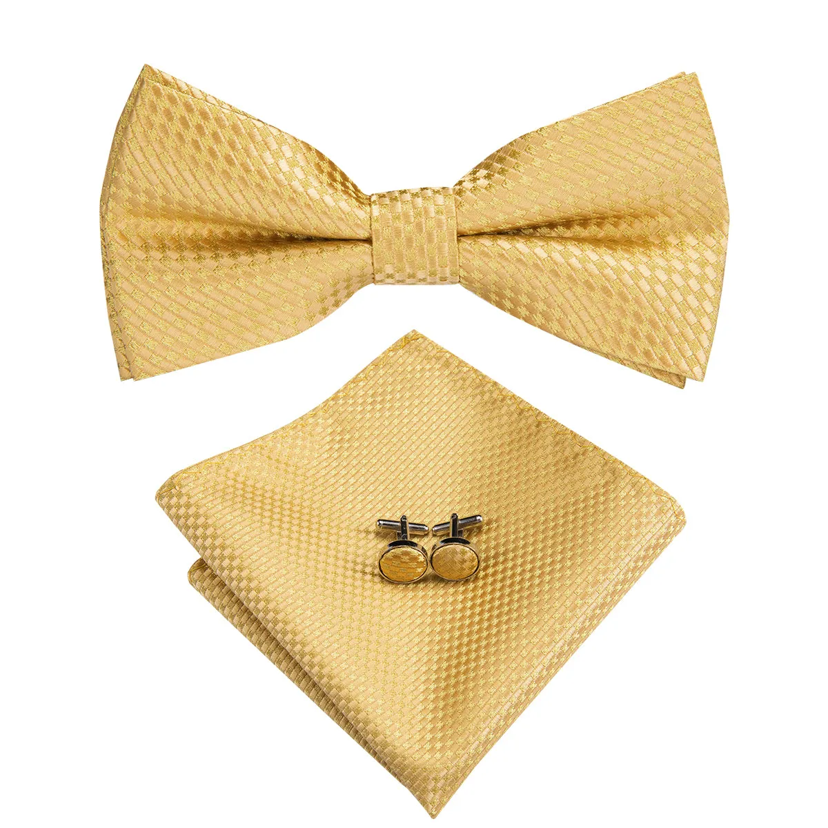 Golden Yellow Plaid Pre-tied Bow Tie Hanky Cufflinks Set sold by Ties2You product image thumbnail 2