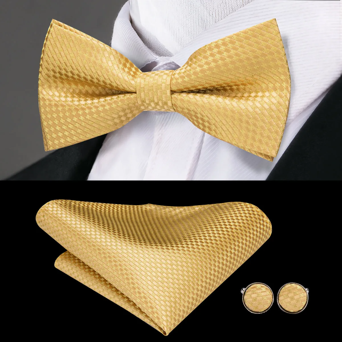 Golden Yellow Plaid Pre-tied Bow Tie Hanky Cufflinks Set sold by Ties2You