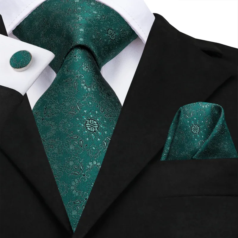 Dark Green Floral Mens's Tie Pocket Square Cufflinks Set sold by Ties2You