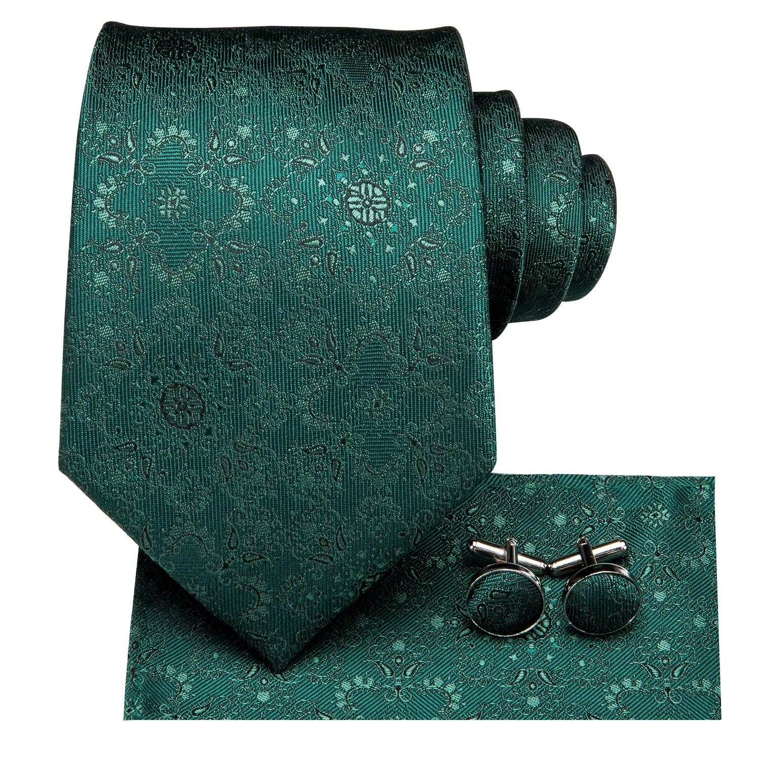 Dark Green Floral Mens's Tie Pocket Square Cufflinks Set sold by Ties2You product image thumbnail 2