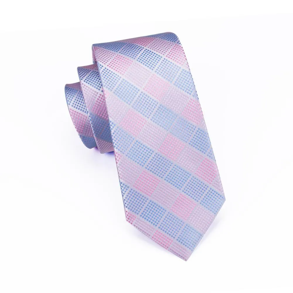 Ties2you Mens Plaid Tie Sky Blue Pink Silk Necktie Handkercheif Cufflinks Set sold by Ties2You product image thumbnail 4