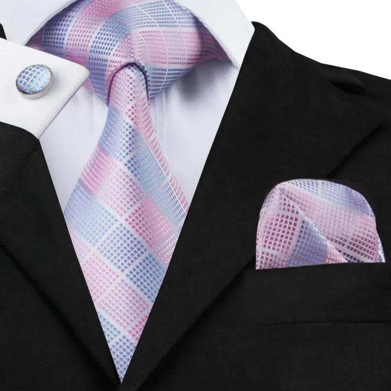 Ties2you Mens Plaid Tie Sky Blue Pink Silk Necktie Handkercheif Cufflinks Set sold by Ties2You
