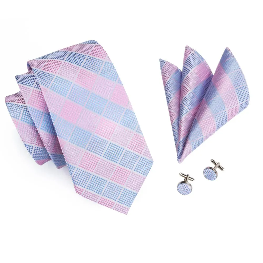 Ties2you Mens Plaid Tie Sky Blue Pink Silk Necktie Handkercheif Cufflinks Set sold by Ties2You product image thumbnail 3