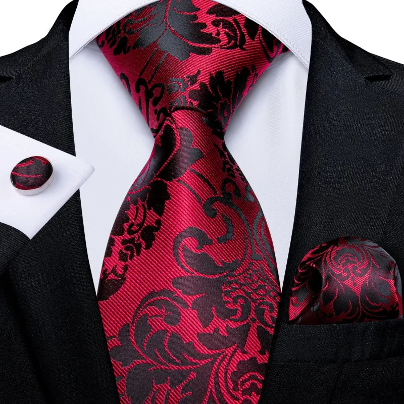 Black Red Floral Tie Pocket Square Cufflinks Set sold by Ties2You