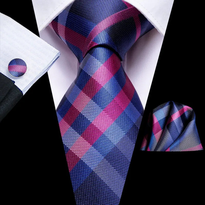 Ties2you Mens Plaid Necktie Navy Blue Pink Formal Tie Hanky Cufflinks Set sold by Ties2You