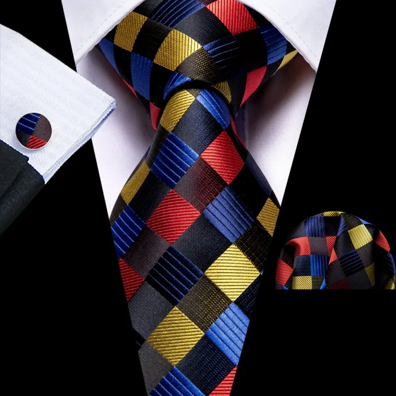Ties2you Plaid Silk Tie Formal Black Red Yellow Suit Tie hanky Cufflinks Set sold by Ties2You