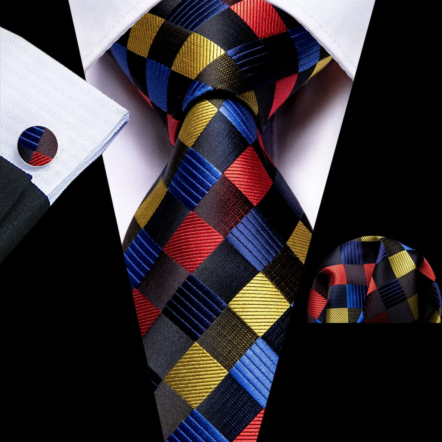 Ties2you Plaid Silk Tie Formal Black Red Yellow Suit Tie hanky Cufflinks Set sold by Ties2You