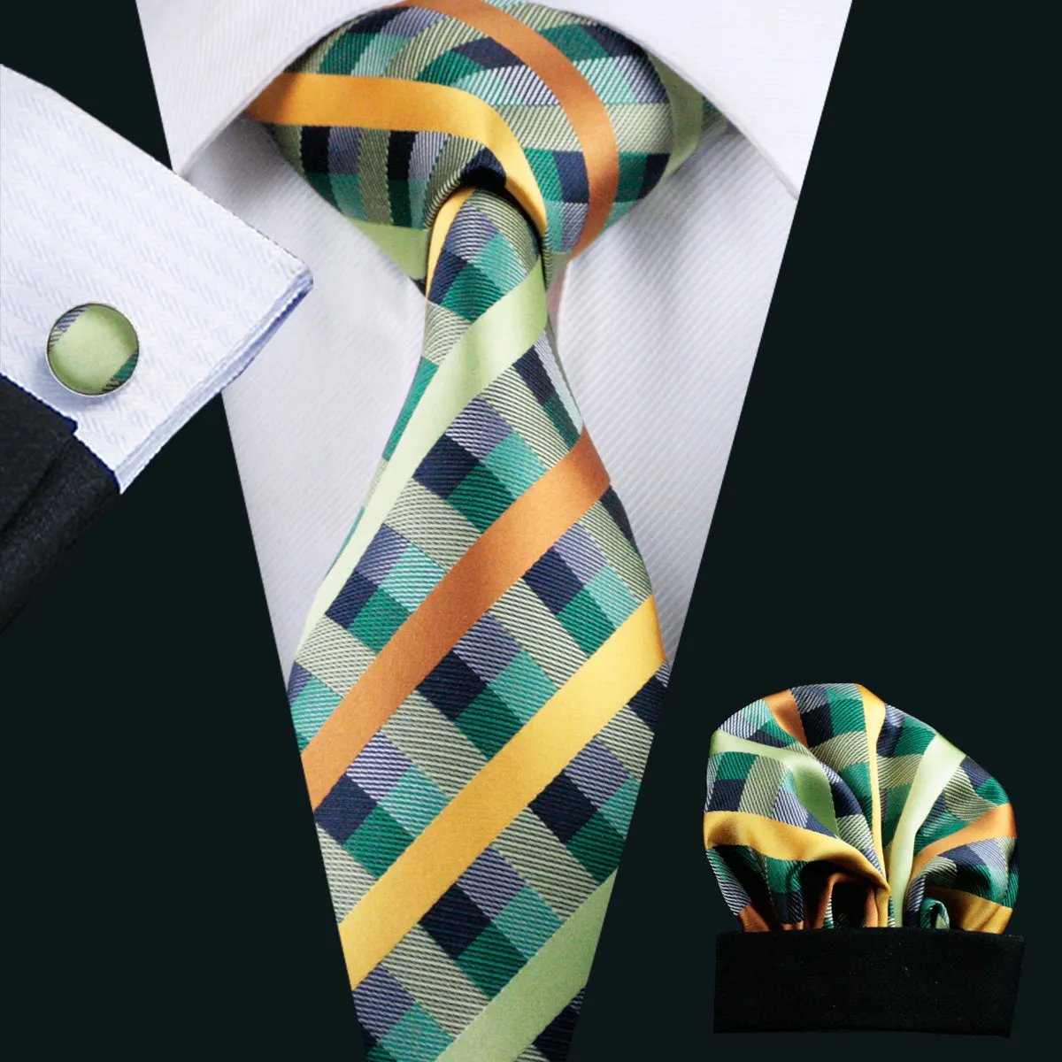 Mint Green Plaid Tie Pocket Square Cufflinks Set sold by Ties2You