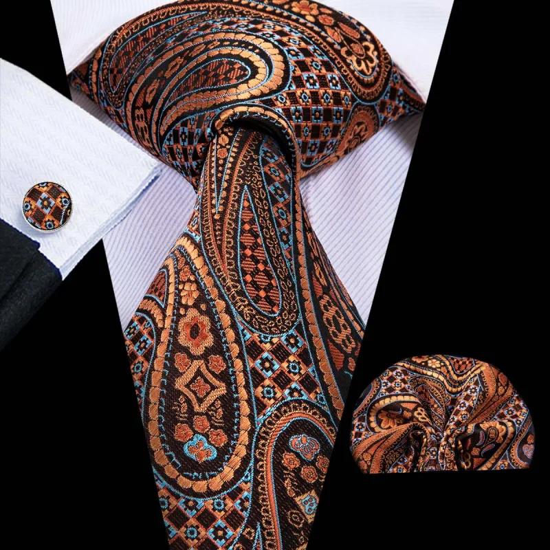 Yellow Brown Paisley Tie Pocket Square Cufflinks Set sold by Ties2You