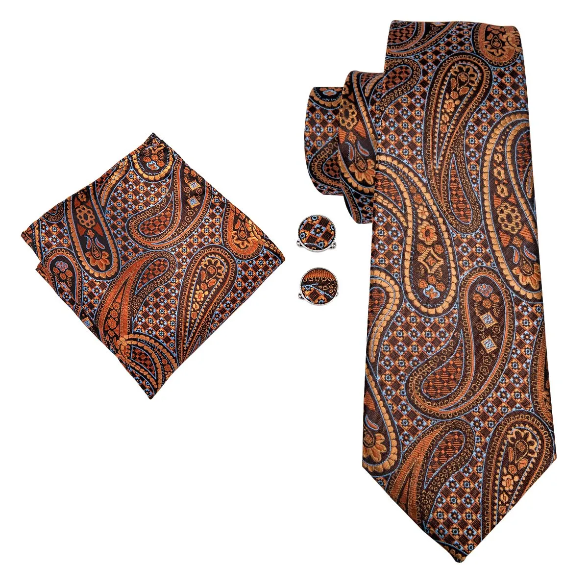 Yellow Brown Paisley Tie Pocket Square Cufflinks Set sold by Ties2You product image thumbnail 3