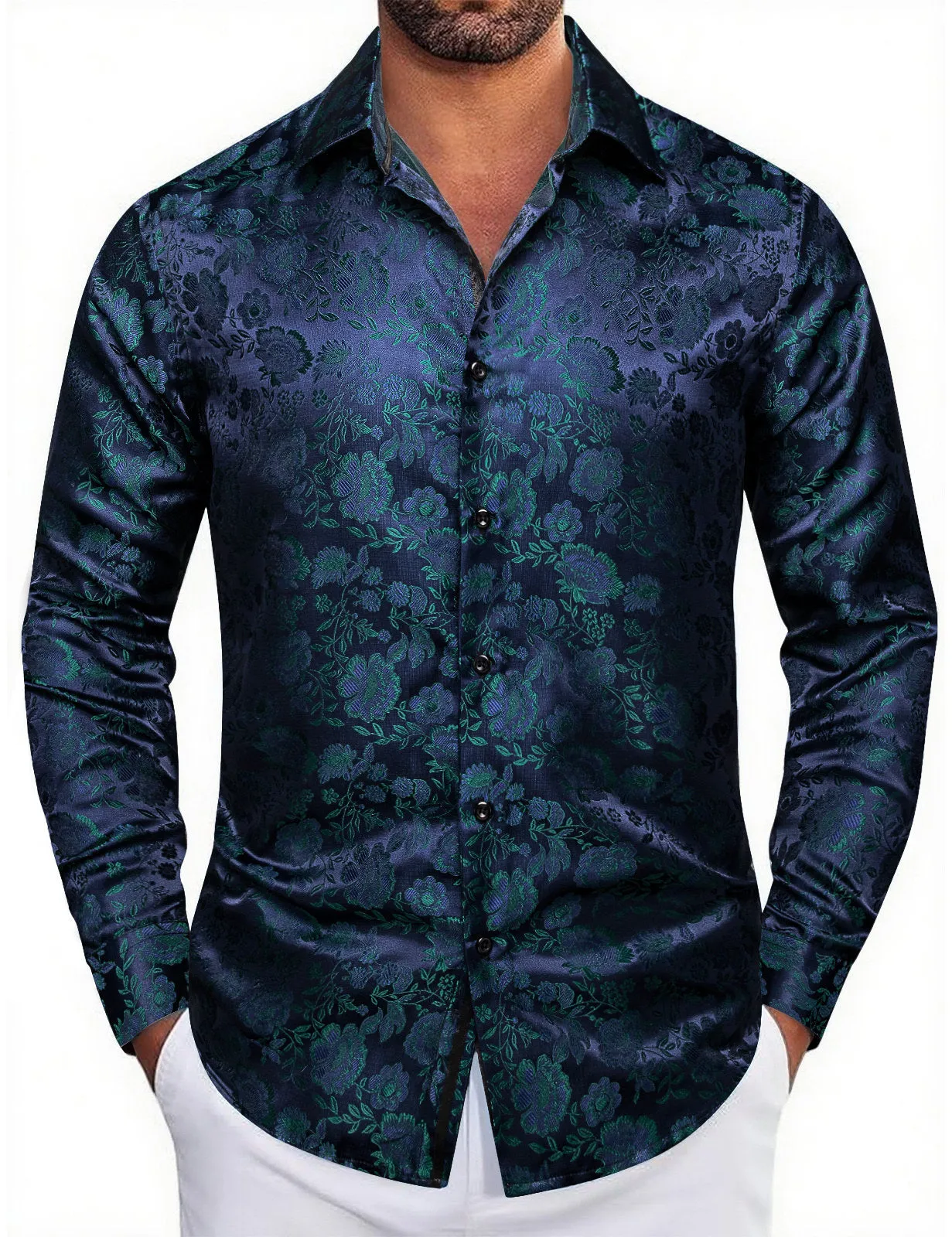 Ties2you Mens Button Down Shirt Long Sleeve Navy Blue Floral Dress Shirt for Business sold by Ties2You product image thumbnail 2