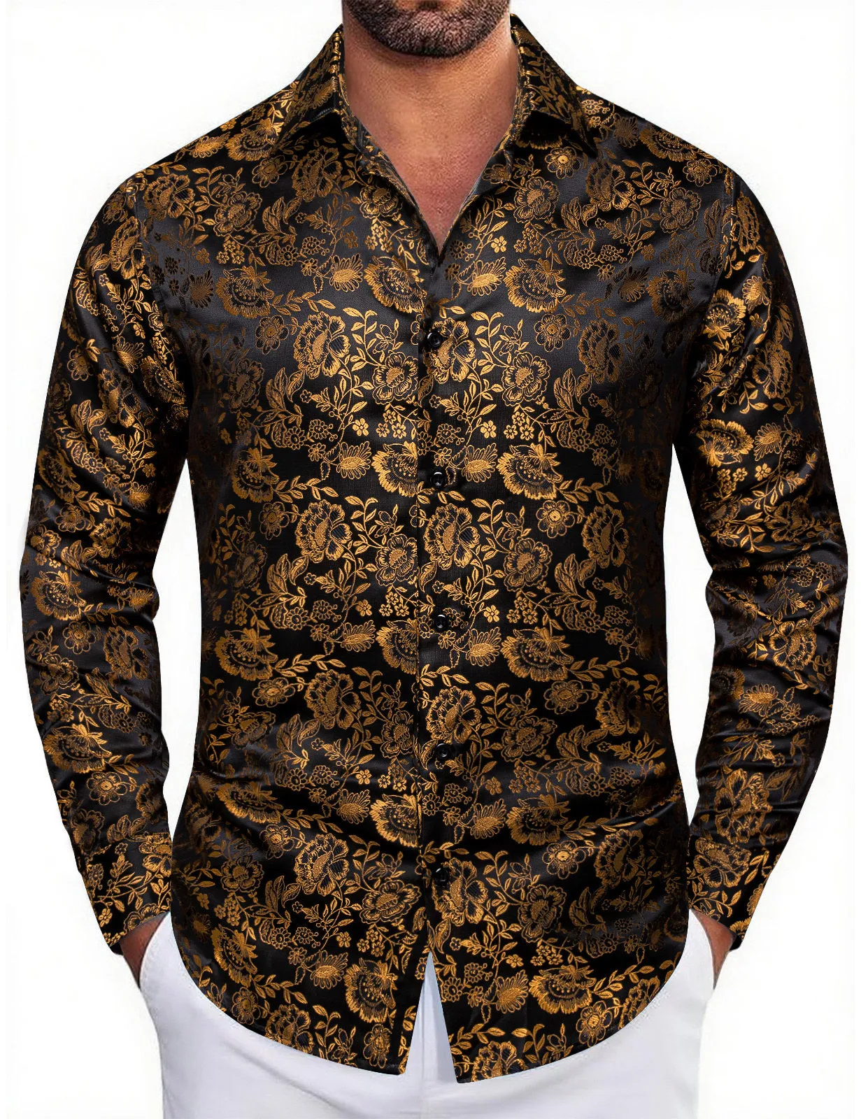 Ties2you Gold Mens Shirt Floral Silk Long Sleeve Button Down Shirt Casual sold by Ties2You product image thumbnail 2