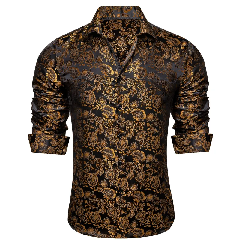 Ties2you Gold Mens Shirt Floral Silk Long Sleeve Button Down Shirt Casual sold by Ties2You
