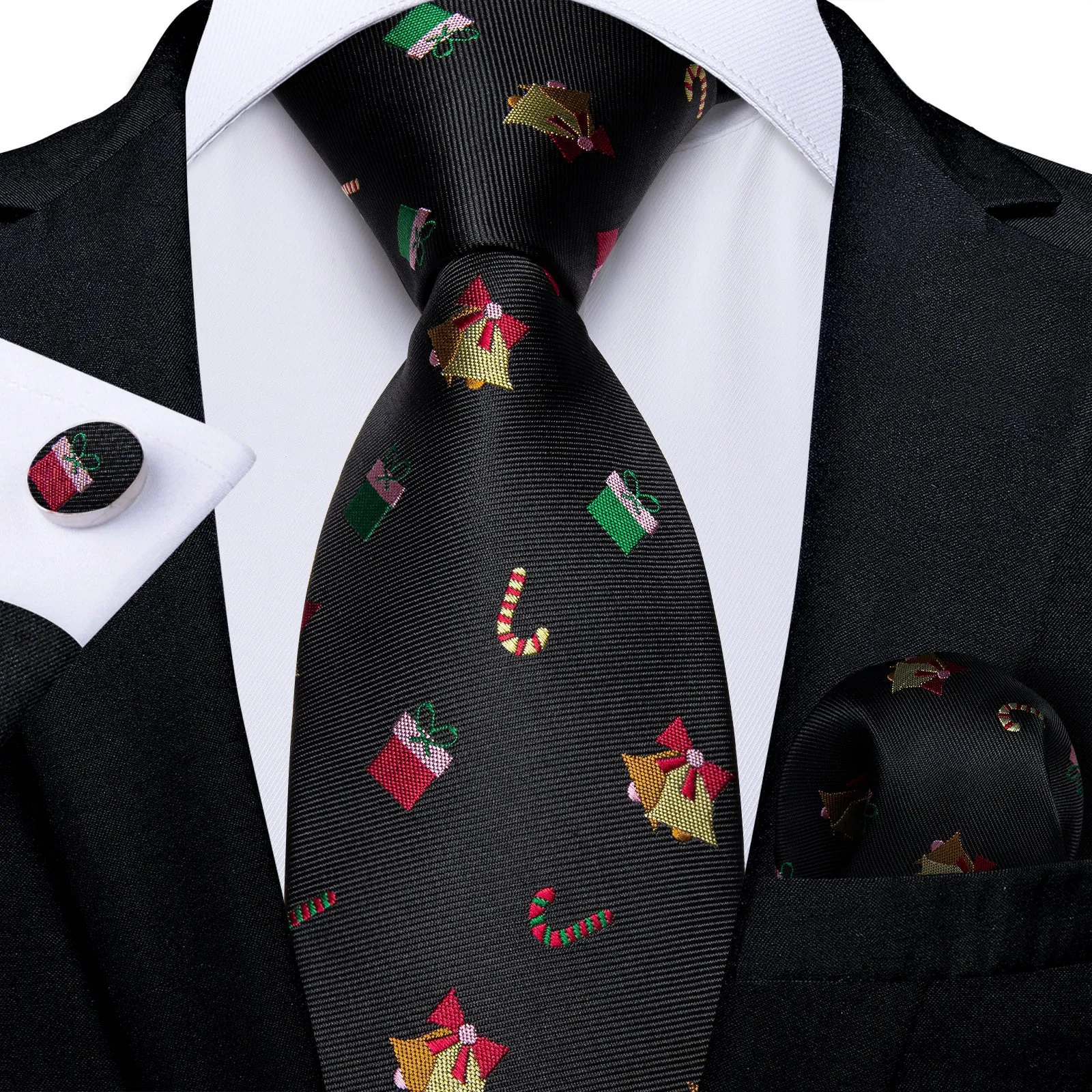 Christmas Black Xmas Gift Novelty Silk Men's Necktie Pocket Square Cufflinks Set sold by Ties2You