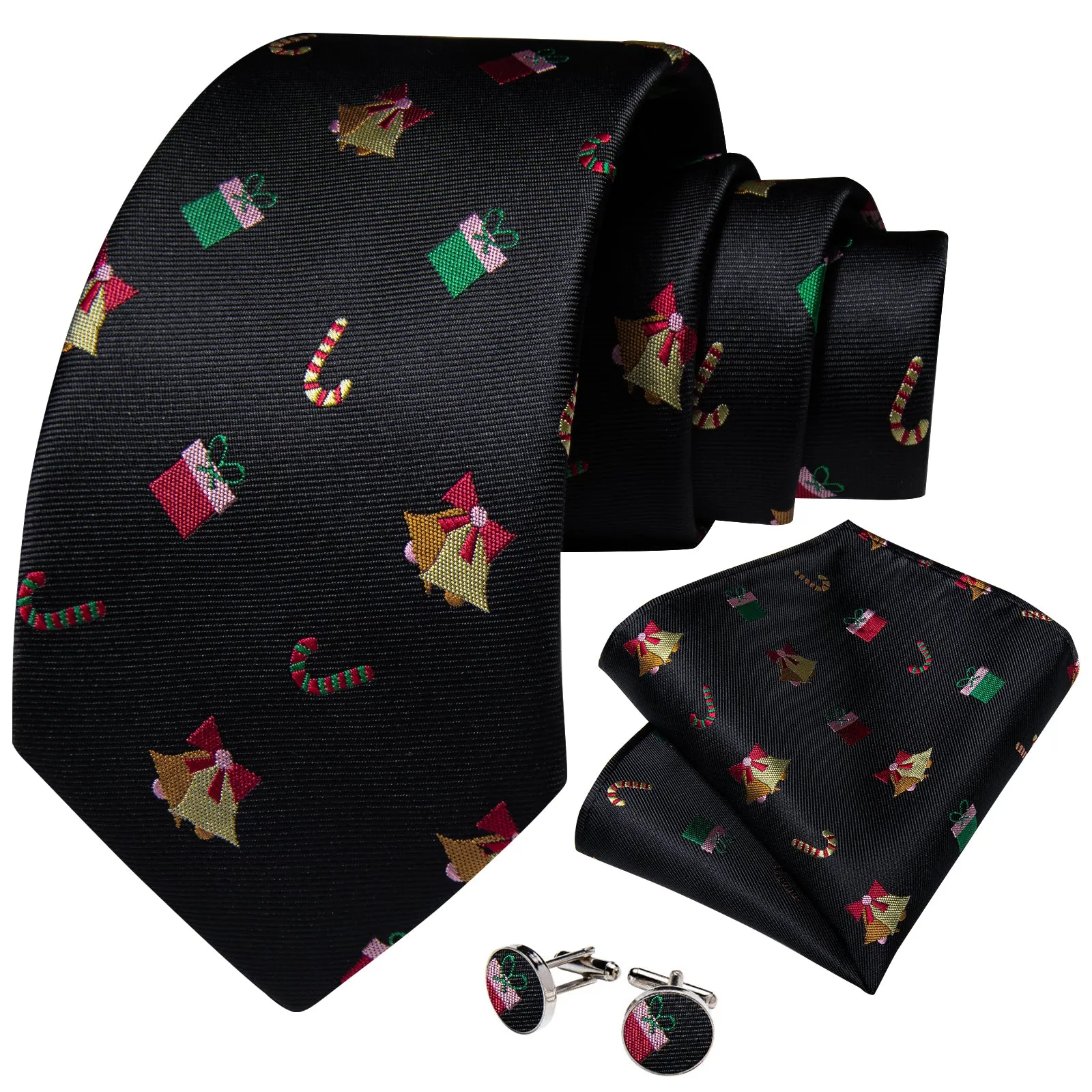 Christmas Black Xmas Gift Novelty Silk Men's Necktie Pocket Square Cufflinks Set sold by Ties2You product image thumbnail 5