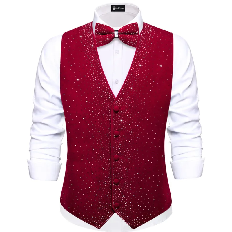 Ties2you Rhinestone Red Solid Velvet V-Neck Vest Necktie Set sold by Ties2You