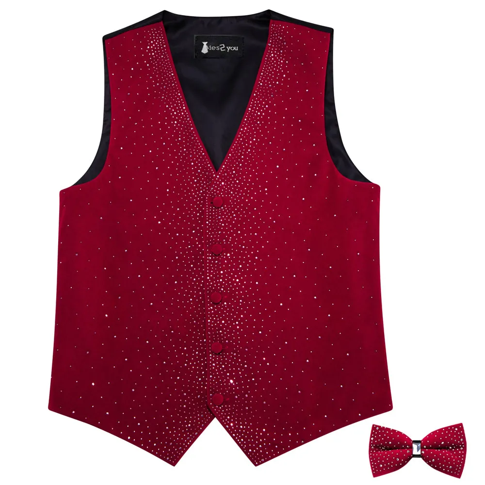 Ties2you Rhinestone Red Solid Velvet V-Neck Vest Necktie Set sold by Ties2You product image thumbnail 5