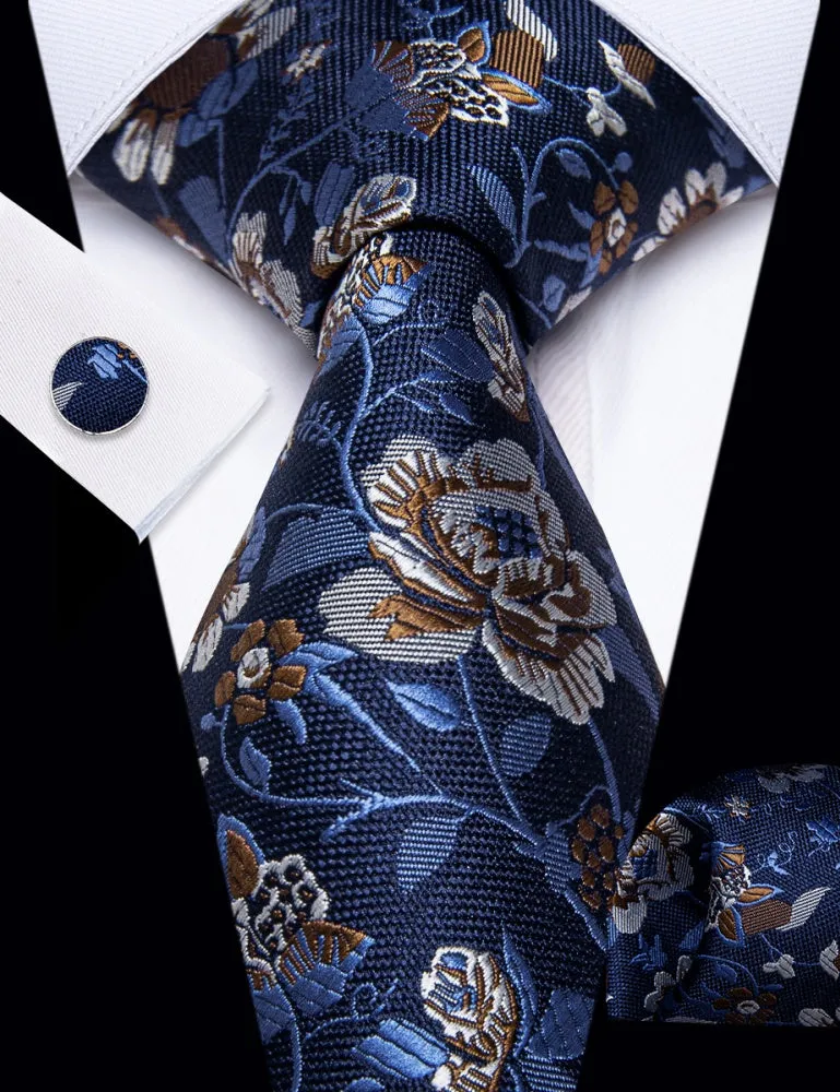 Ties2you Mens Floral Necktie Navy Blue Formal Tuexdo Tie Pocket Square Cufflinks Set sold by Ties2You product image thumbnail 2