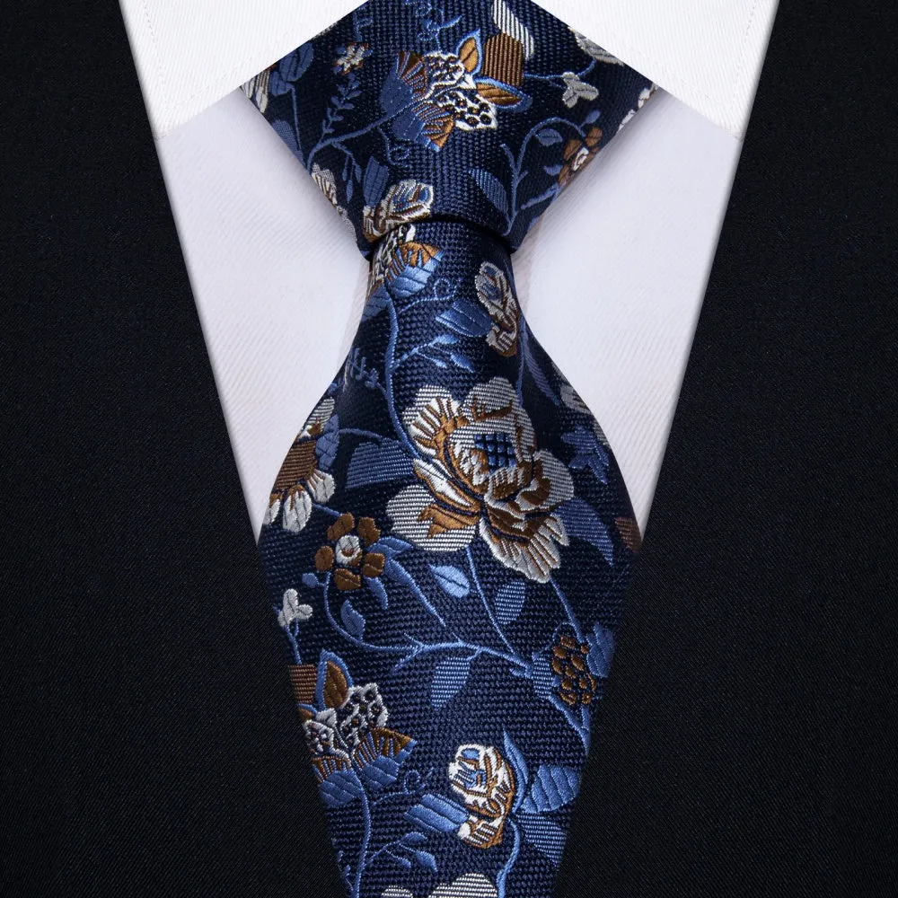 Ties2you Mens Floral Necktie Navy Blue Formal Tuexdo Tie Pocket Square Cufflinks Set sold by Ties2You