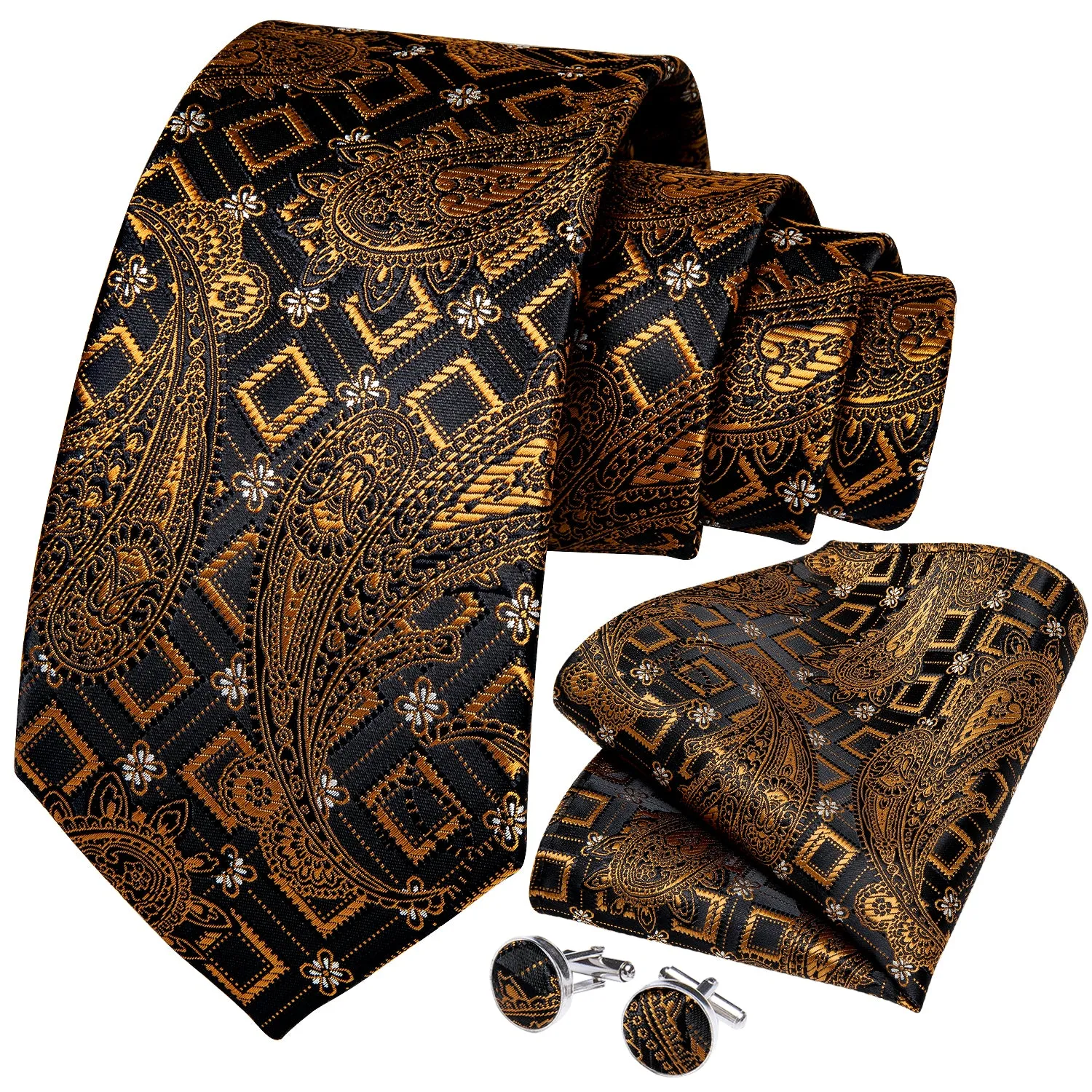 Ties2you Gold Paisley Necktie Mens Party Silk Tie Pocket Square Cufflinks Set sold by Ties2You product image thumbnail 2