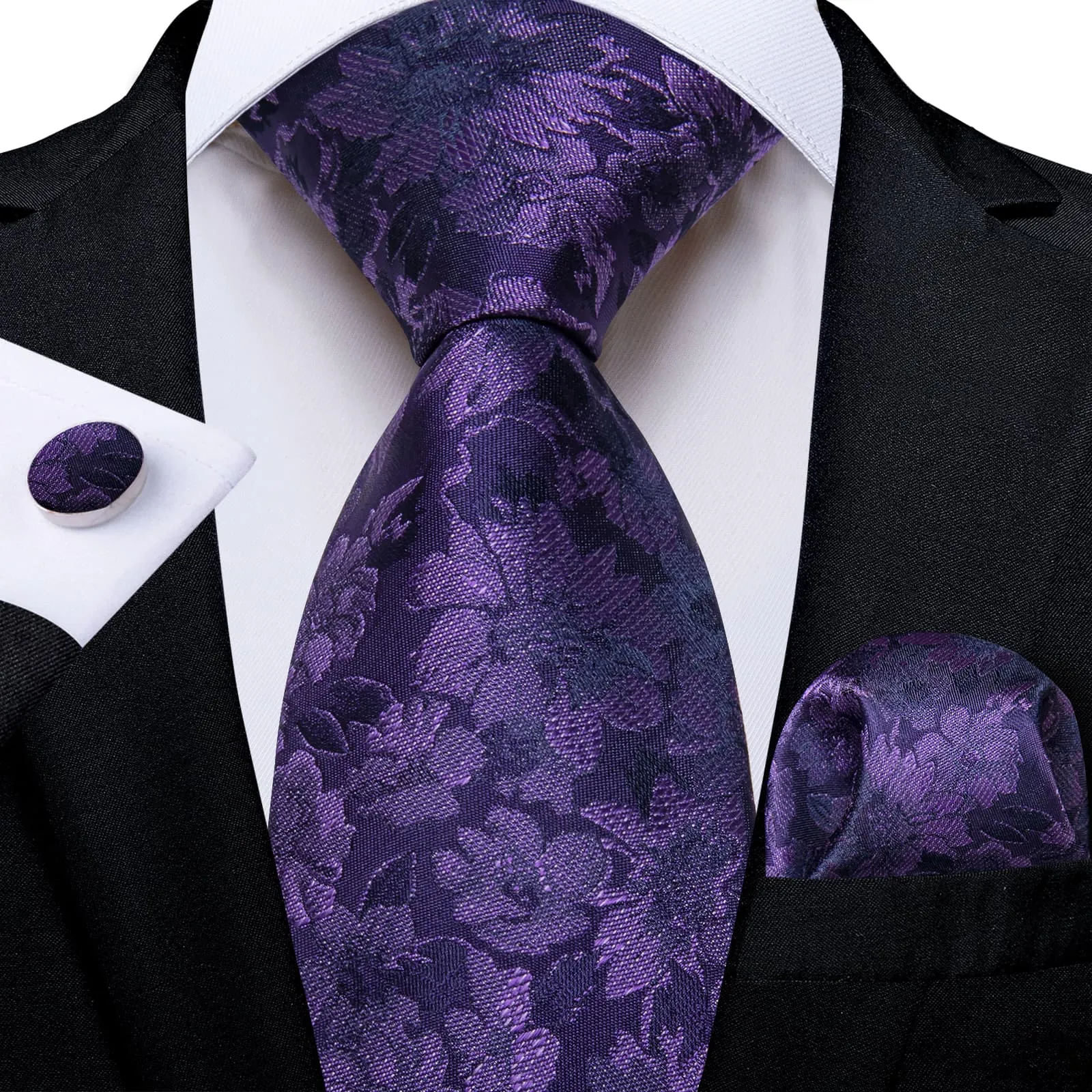 Ties2you Mens Purple Necktie Floral Formal Tuexdot Tie Handkerchief Cufflinks Set sold by Ties2You