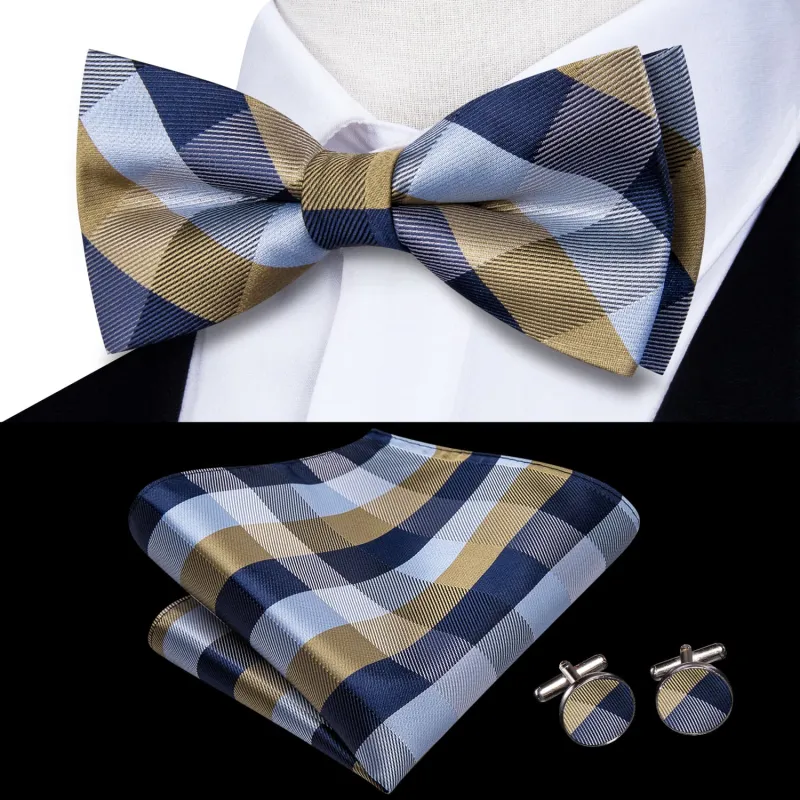 Ties2you Blue Plaid Tuxedo Bow Tie Pre-tied Bowtie Handkerchief Cufflinks Set sold by Ties2You