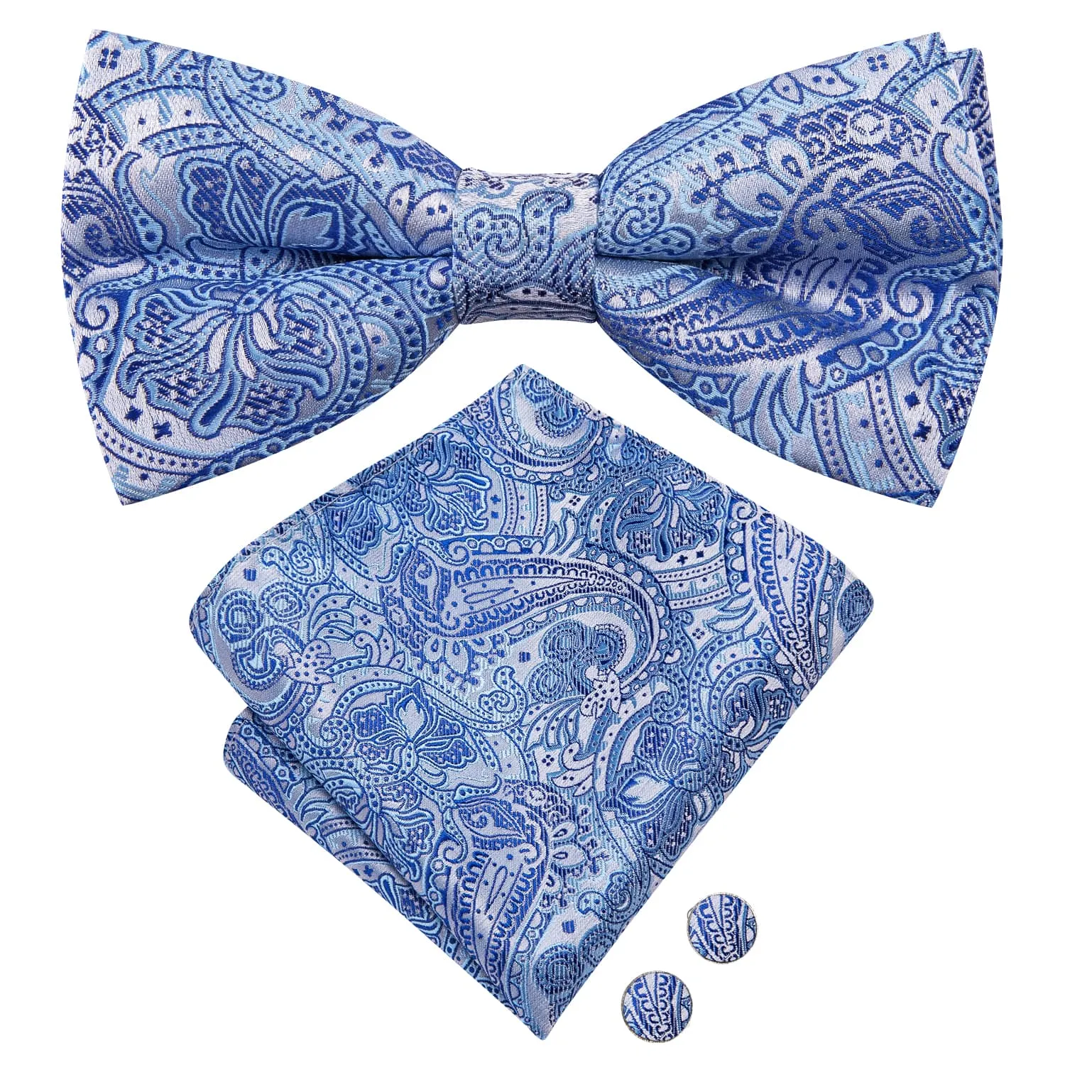 Ties2you Men's Sky Blue Paisley Bow Tie Silk Pre-tied Bowtie handkerchief Cufflinks Set sold by Ties2You product image thumbnail 4