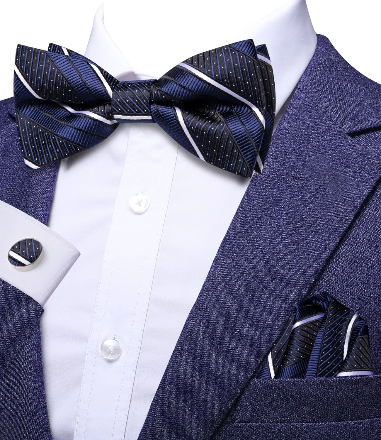 Ties2you Men's Striped Tuxedo Bow Tie Pre-tied Navy Blue Formal Silk Bowtie Set sold by Ties2You product image thumbnail 2