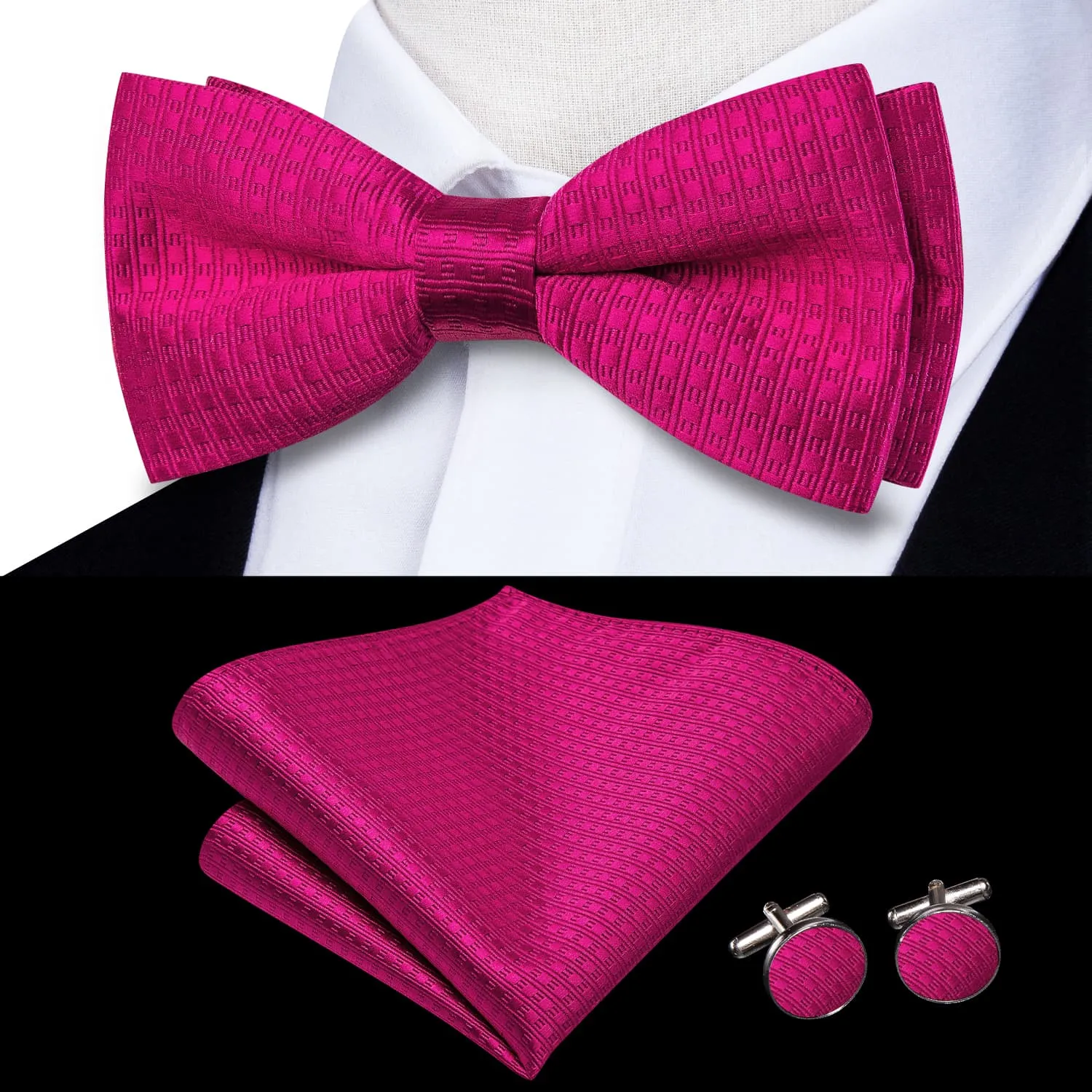Ties2you Fuchsia Pink Bow Tie Striped Pre-tied Silk Bowtie Handkerchief Cufflinks Set sold by Ties2You