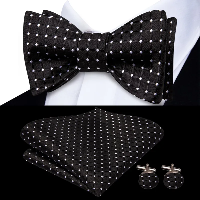 Ties2you Men's Black Plaid Bow Tie Self-tie Silk Bowtie Pocket Square Cufflinks Set sold by Ties2You