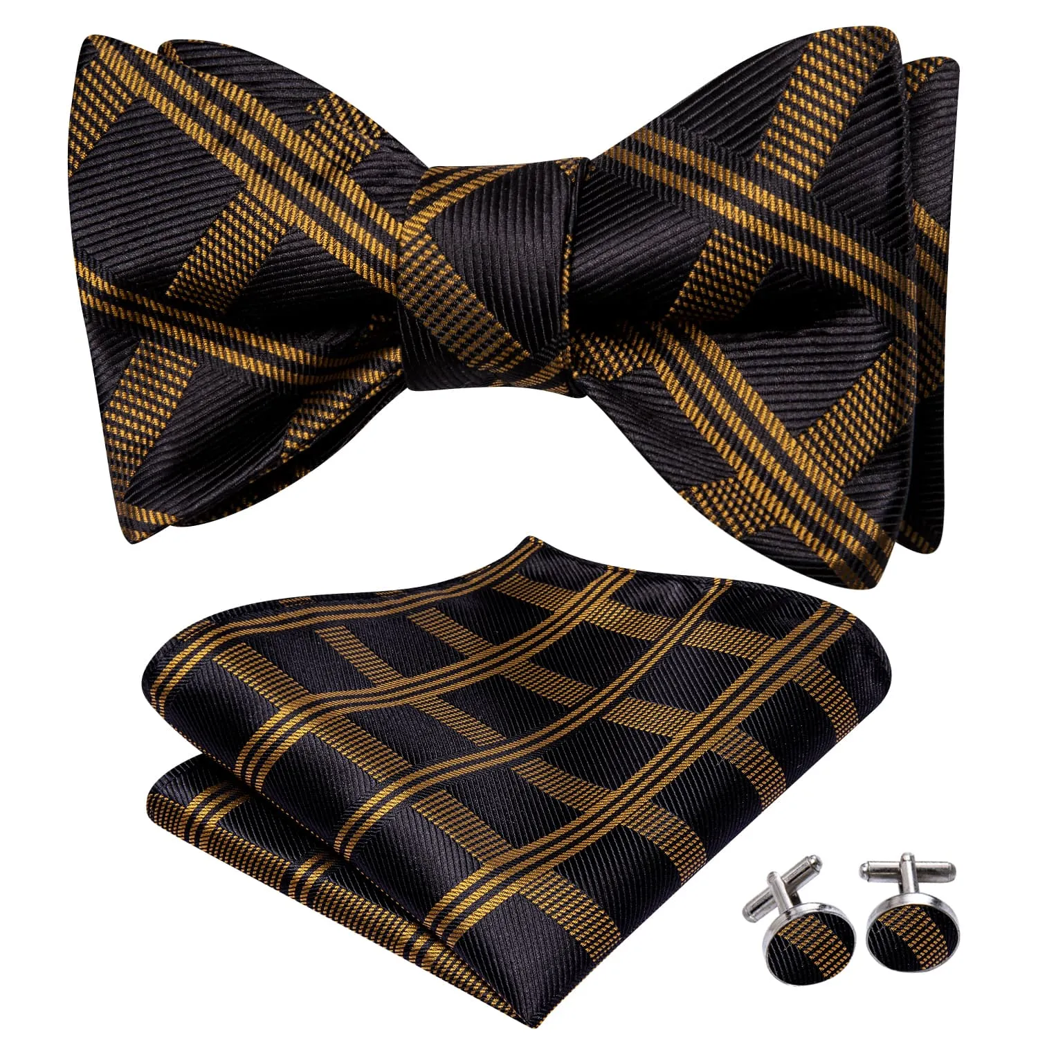 Ties2you Gold Plaid Bow Ties Self-tie Black Silk Bowtie Handkerchief Cufflinks Set for Men sold by Ties2You product image thumbnail 2