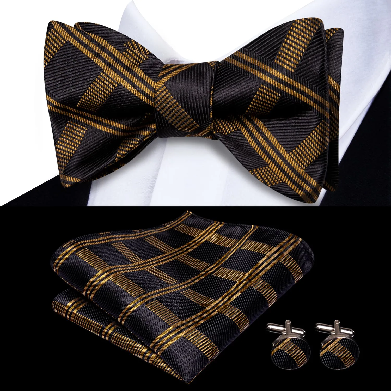 Ties2you Gold Plaid Bow Ties Self-tie Black Silk Bowtie Handkerchief Cufflinks Set for Men sold by Ties2You