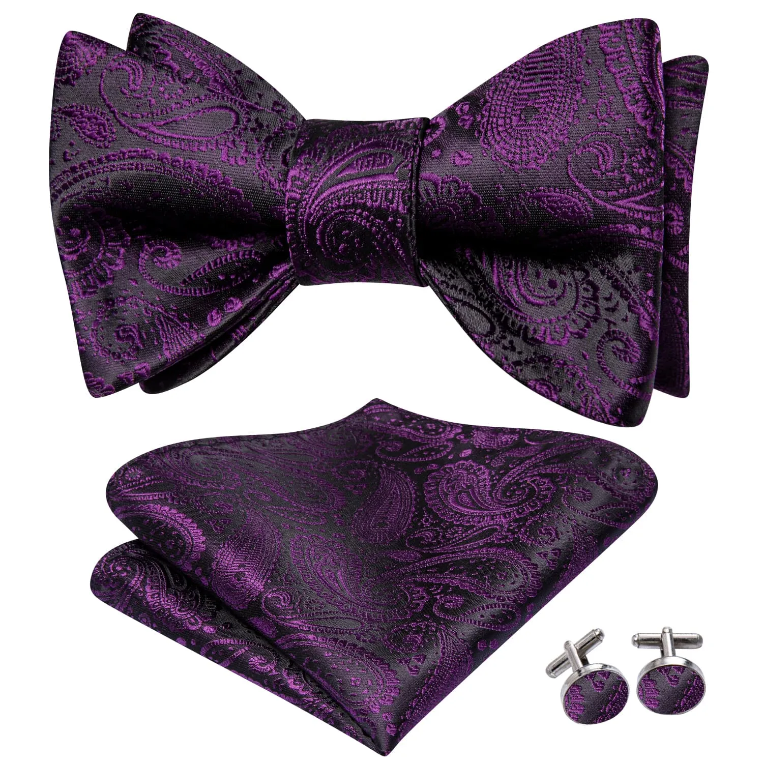 Ties2you Grape Purple Bow Tie Paisley Self-tie Silk Bowtie Pocket Square Cufflink Set sold by Ties2You product image thumbnail 2