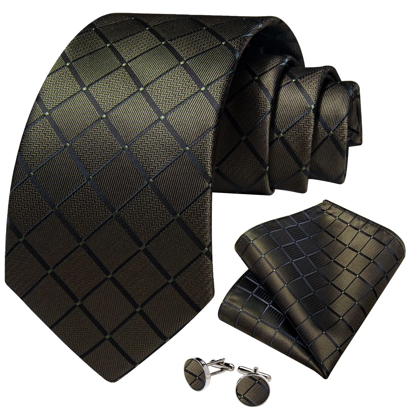 Ties2you Olive Green Plaid Necktie Mens Formal Texudo Tie Pocket Square Cufflinks Set sold by Ties2You product image thumbnail 2