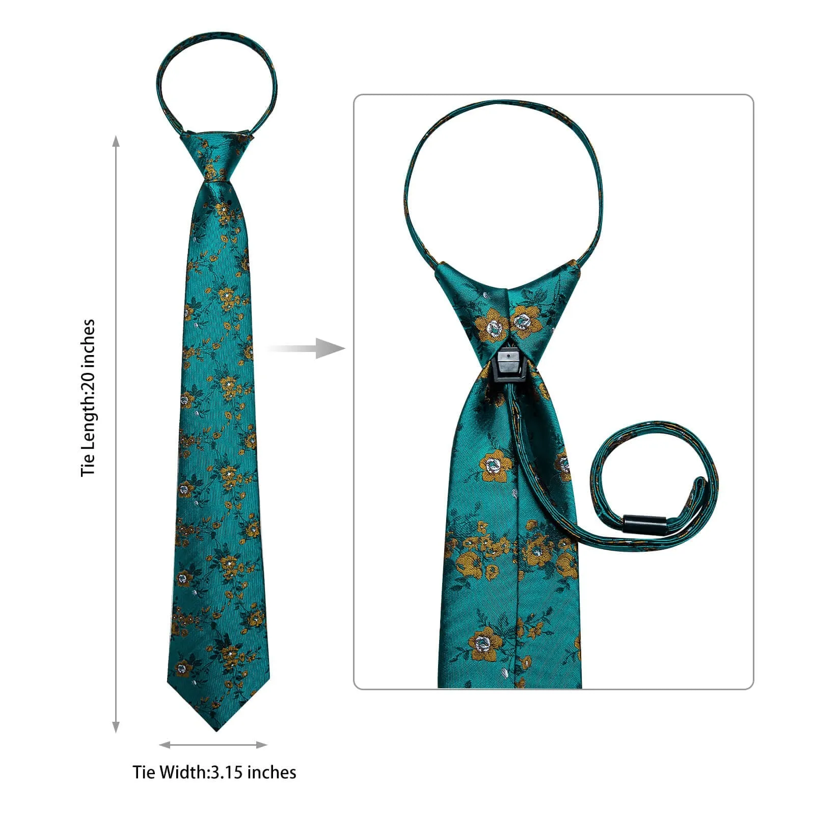 Ties2you Zipper Tie Teal Floral Silk Mens Pre-tied Tie Handkerchief Cufflinks Set sold by Ties2You product image thumbnail 5