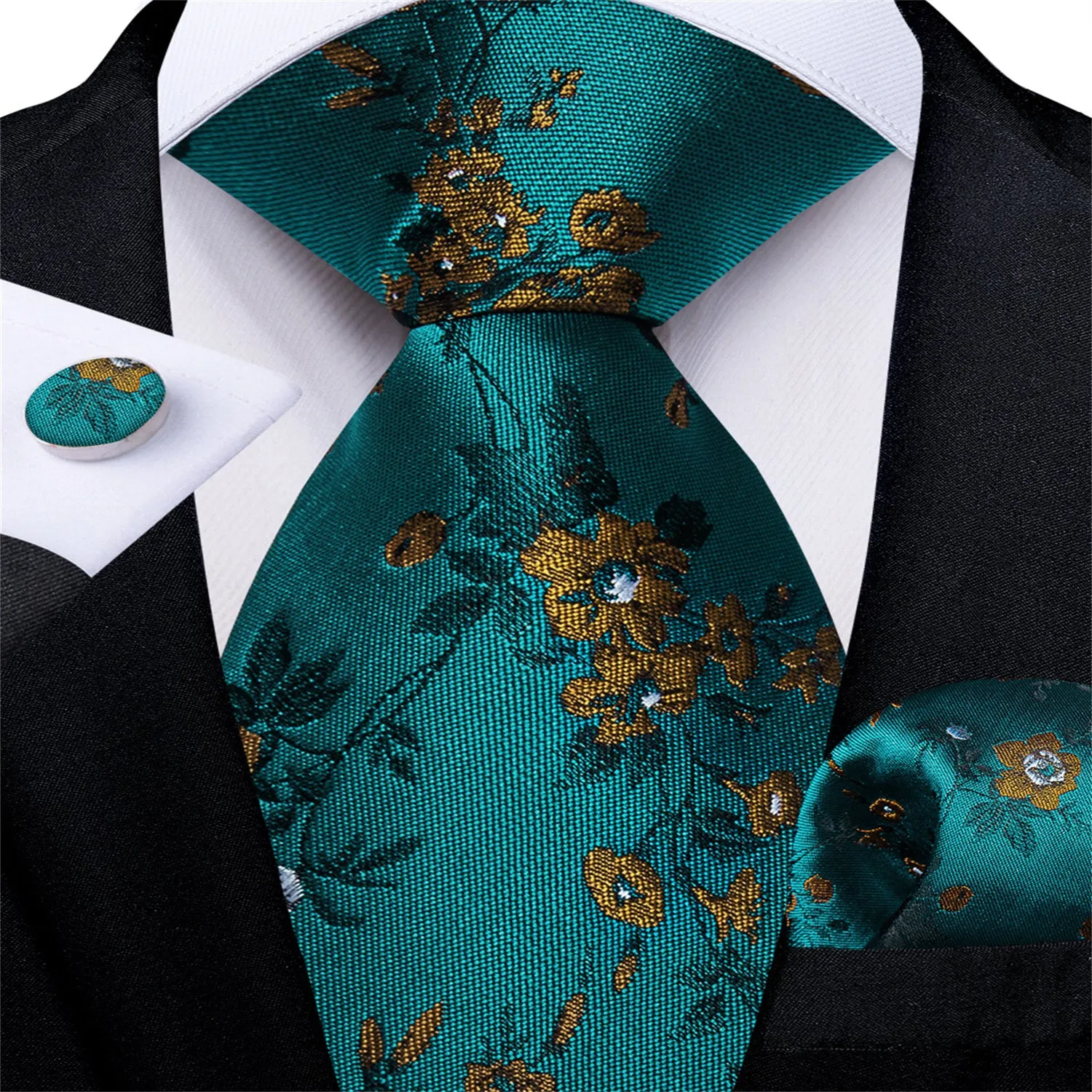Ties2you Zipper Tie Teal Floral Silk Mens Pre-tied Tie Handkerchief Cufflinks Set sold by Ties2You product image thumbnail 2