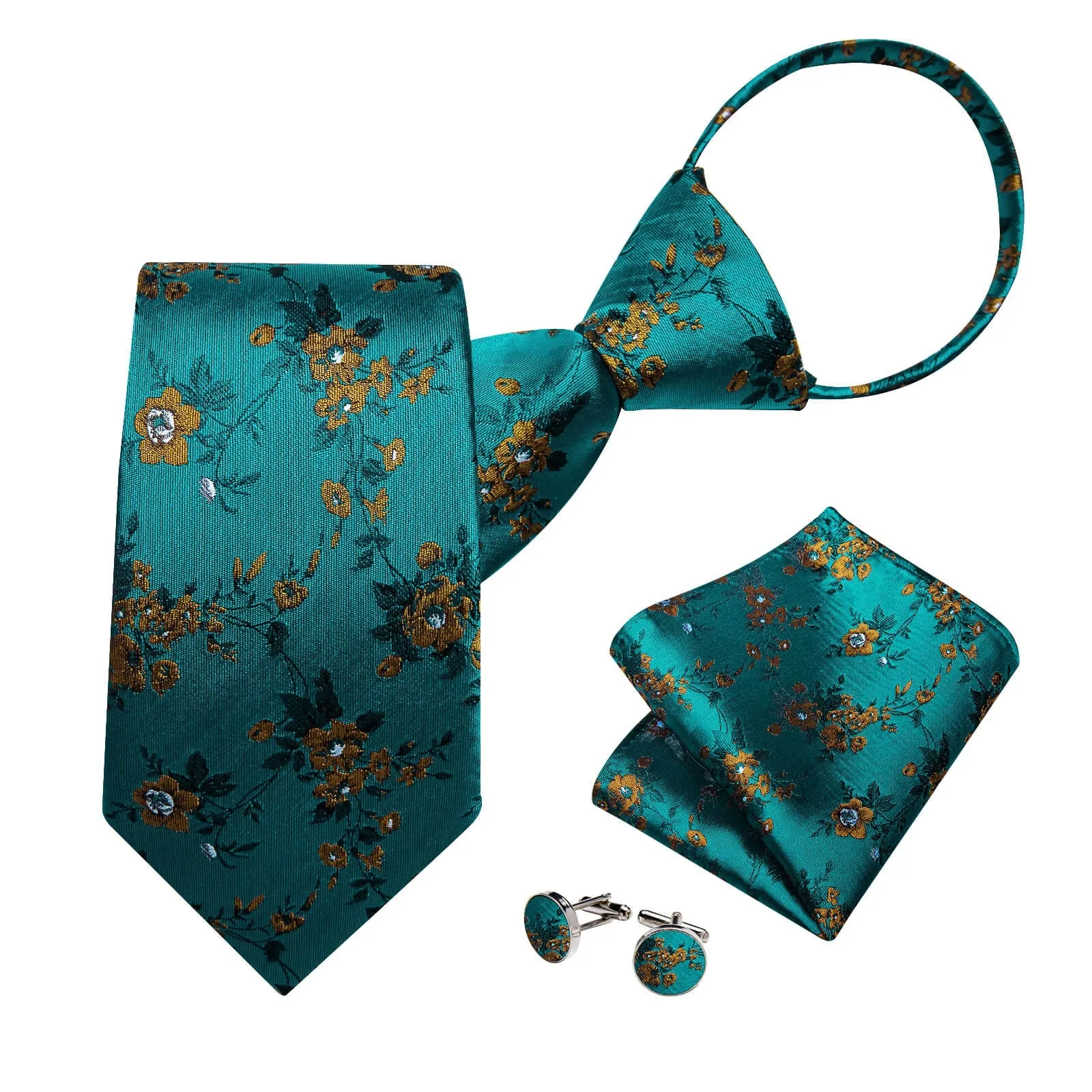Ties2you Zipper Tie Teal Floral Silk Mens Pre-tied Tie Handkerchief Cufflinks Set sold by Ties2You