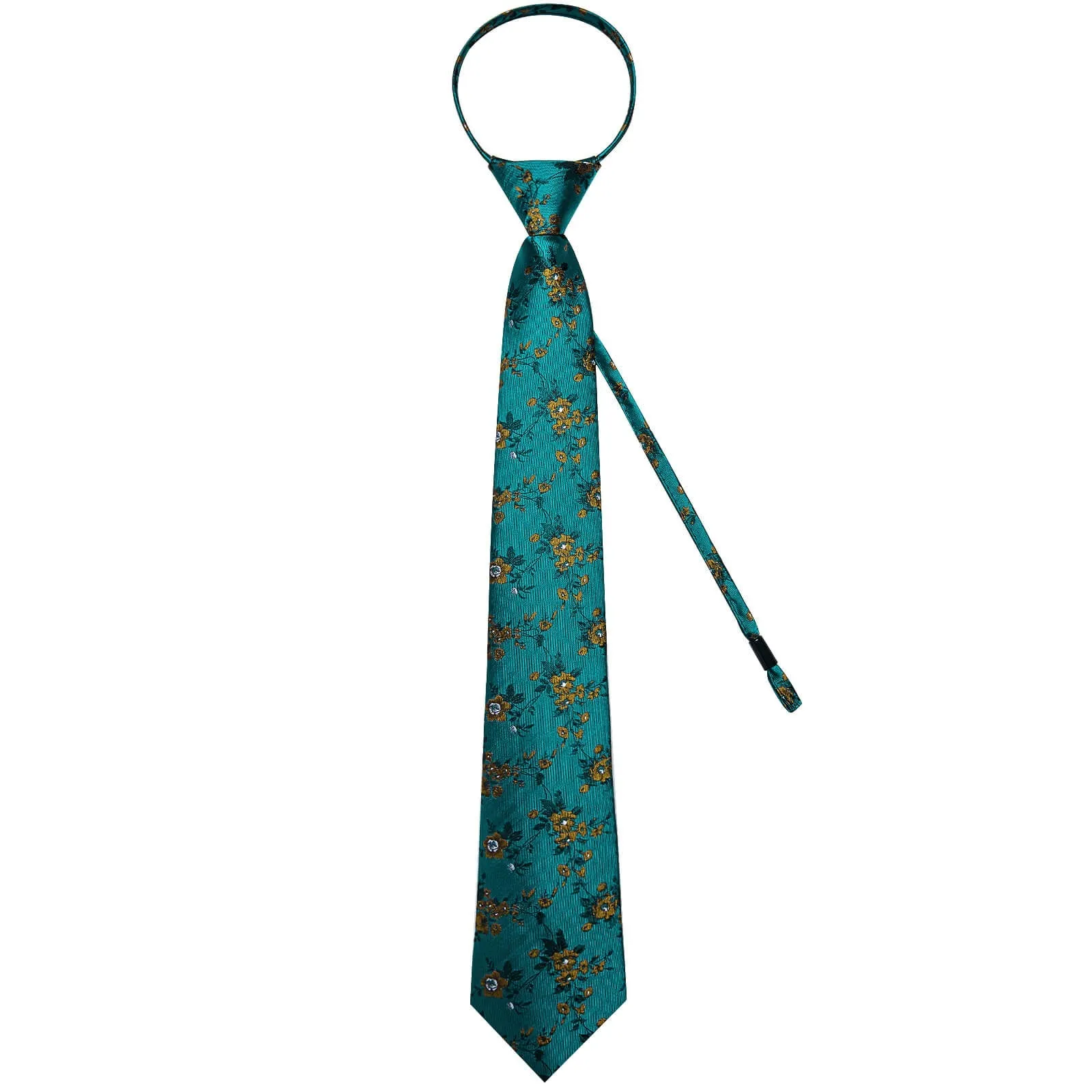 Ties2you Zipper Tie Teal Floral Silk Mens Pre-tied Tie Handkerchief Cufflinks Set sold by Ties2You product image thumbnail 4