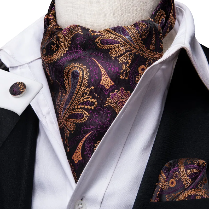 Brown Purple Paisley Silk Ascot Cravat Pocket Square Cufflinks Set sold by Ties2You