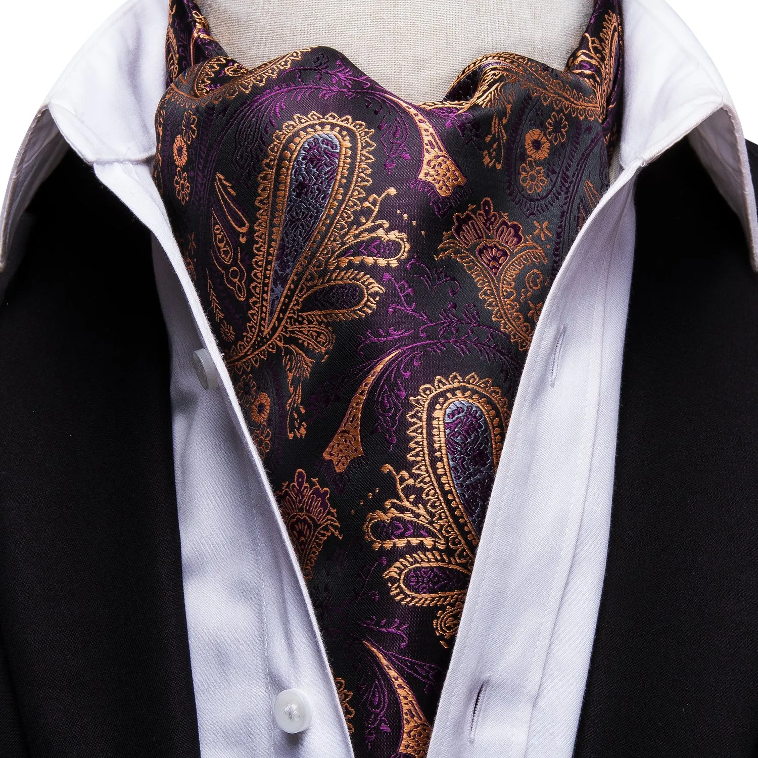 Brown Purple Paisley Silk Ascot Cravat Pocket Square Cufflinks Set sold by Ties2You product image thumbnail 3